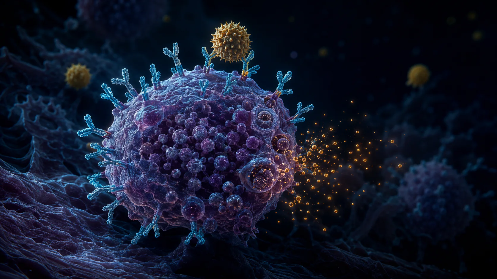 Microscopic mast cell with IgE antibodies binding a pollen allergen and releasing restrained amber mediator signals