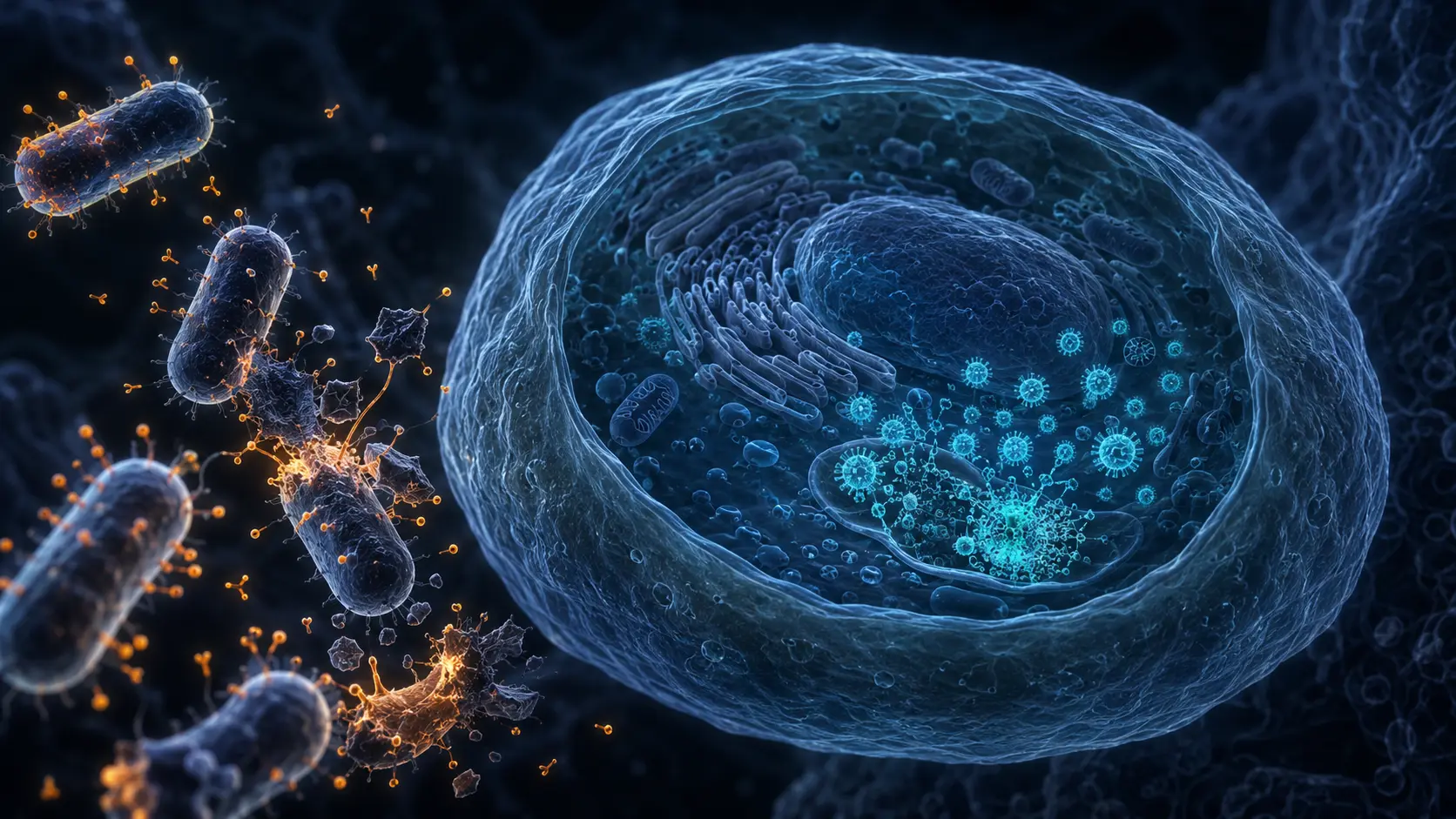 An amber antibiotic molecule binding a bacterial cell while a cyan virus inside a human cell remains untouched