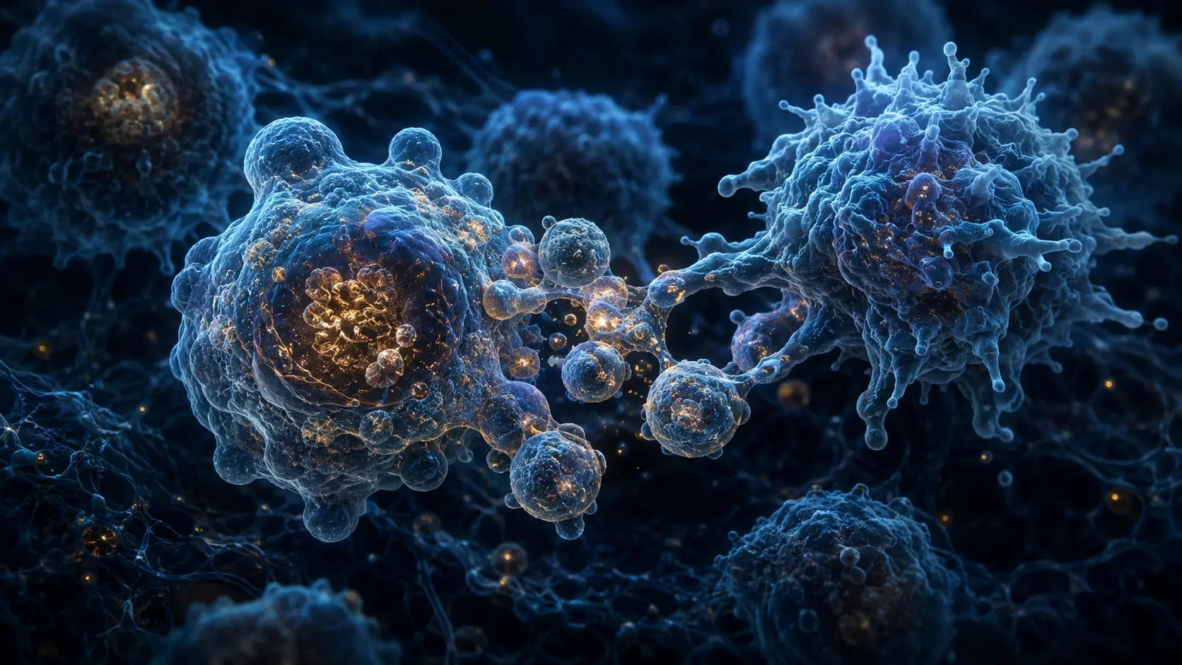 Microscopic apoptotic cell forming membrane-bound fragments beside a macrophage in a dark cyan tissue environment