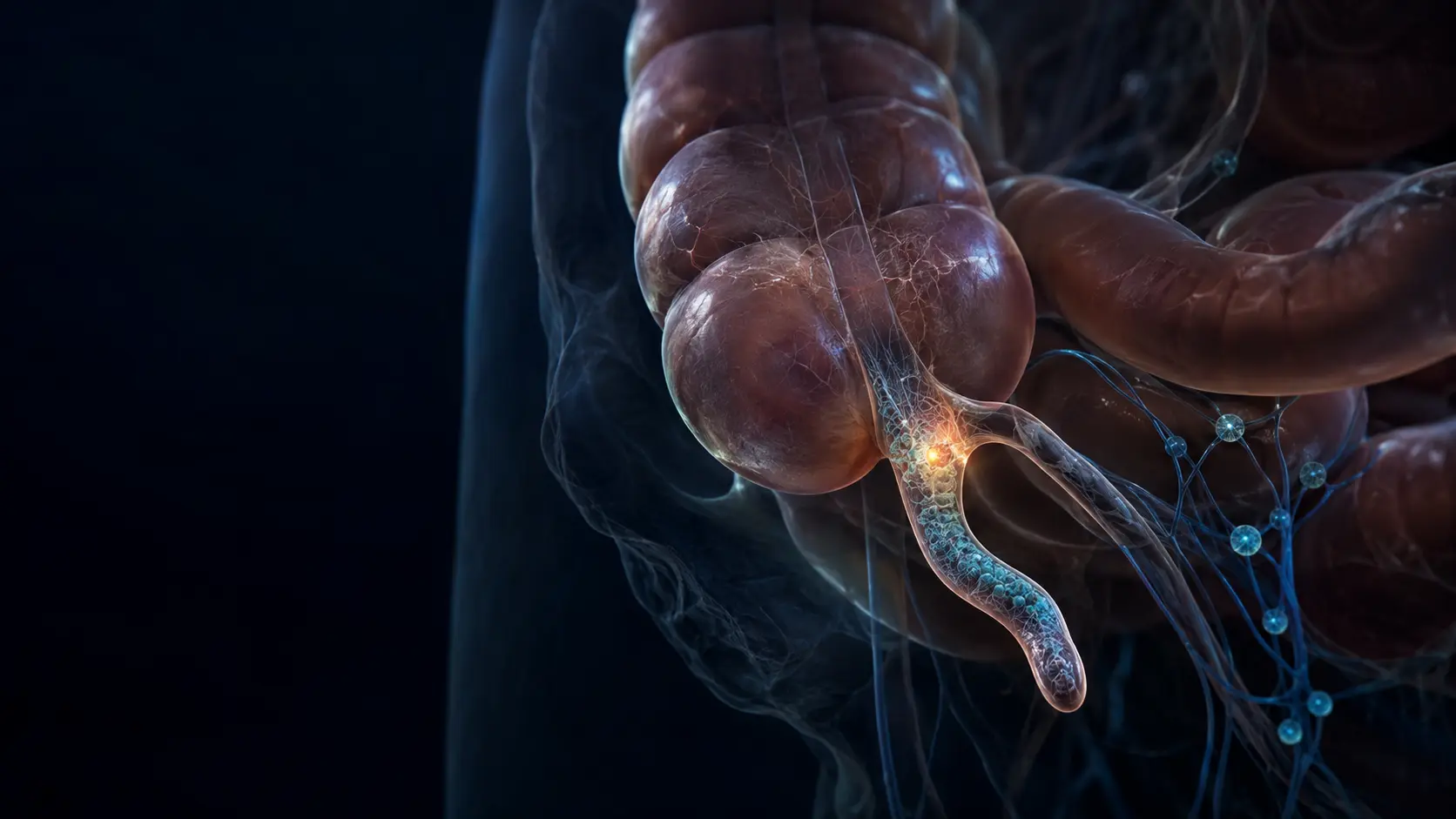 The large intestine outlined in cyan with the small appendix glowing amber beside immune-cell patterns