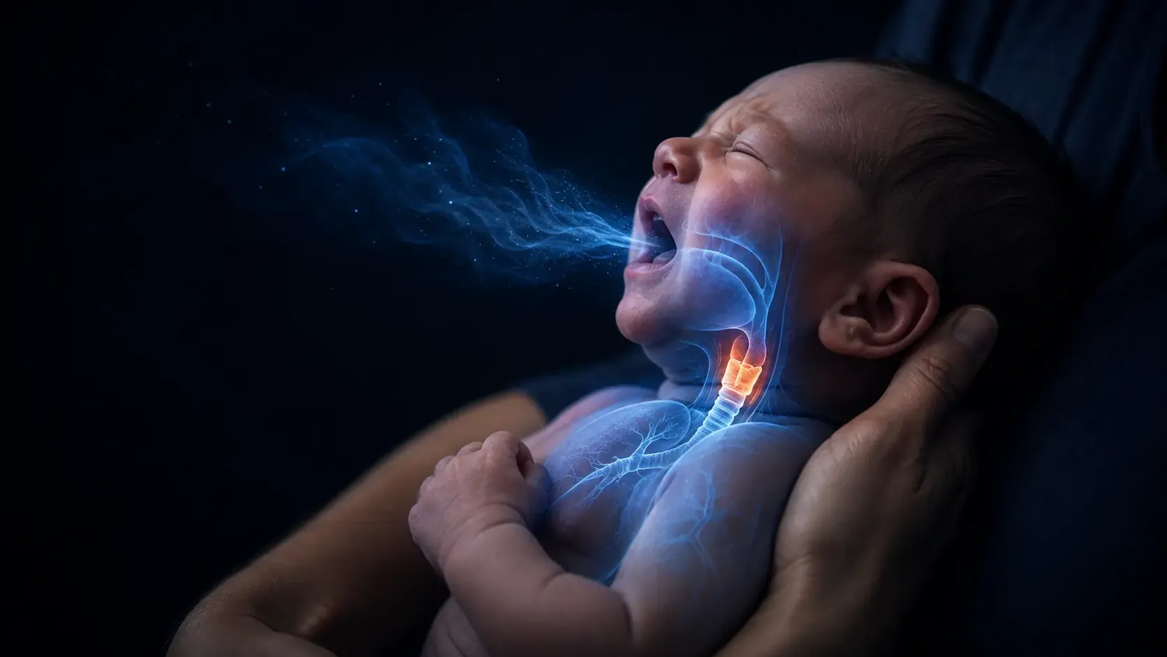 Newborn safely cradled in profile while subtle signals trace breathing, voice production and caregiver-directed communication
