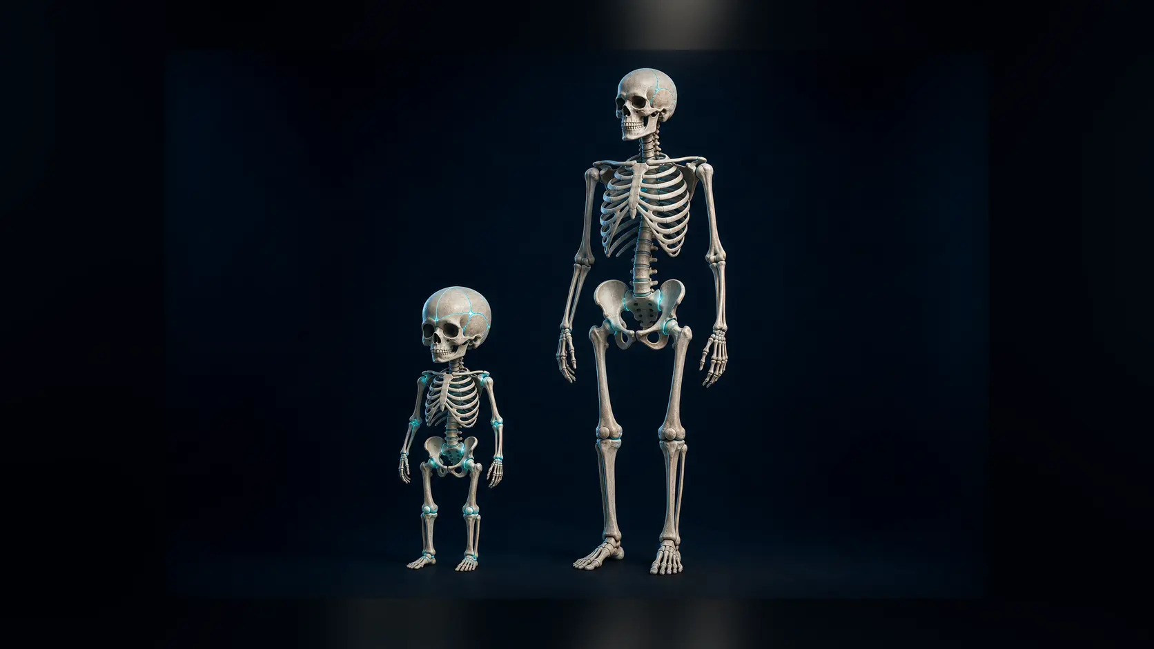 A scientific comparison of an infant and adult skeleton with cyan highlights showing separate skull and pelvic bones that later fuse