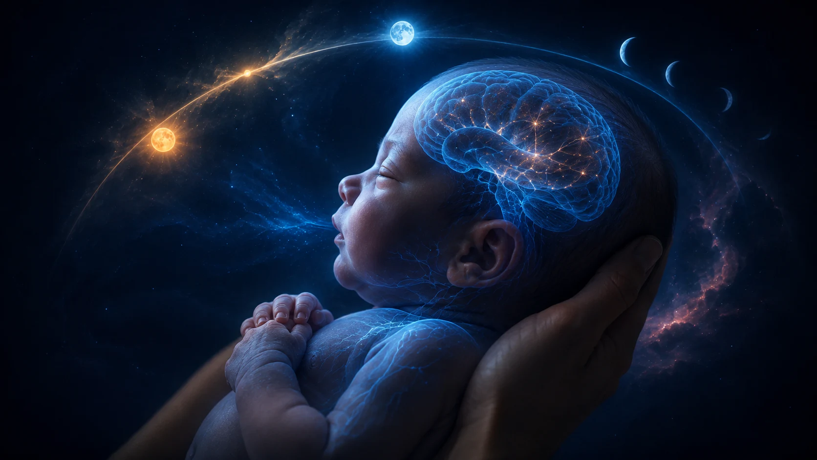 Sleeping newborn in profile with a subtle developing brain network and a day-night rhythm arc behind the head