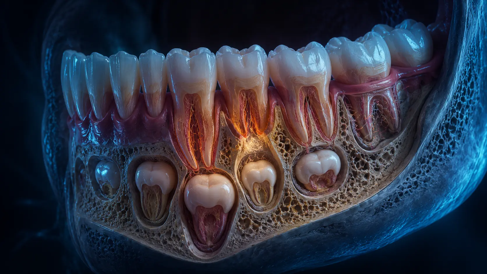 Accurate child jaw cutaway with primary teeth above developing permanent successors and one baby-tooth root resorbing as the adult tooth moves upward