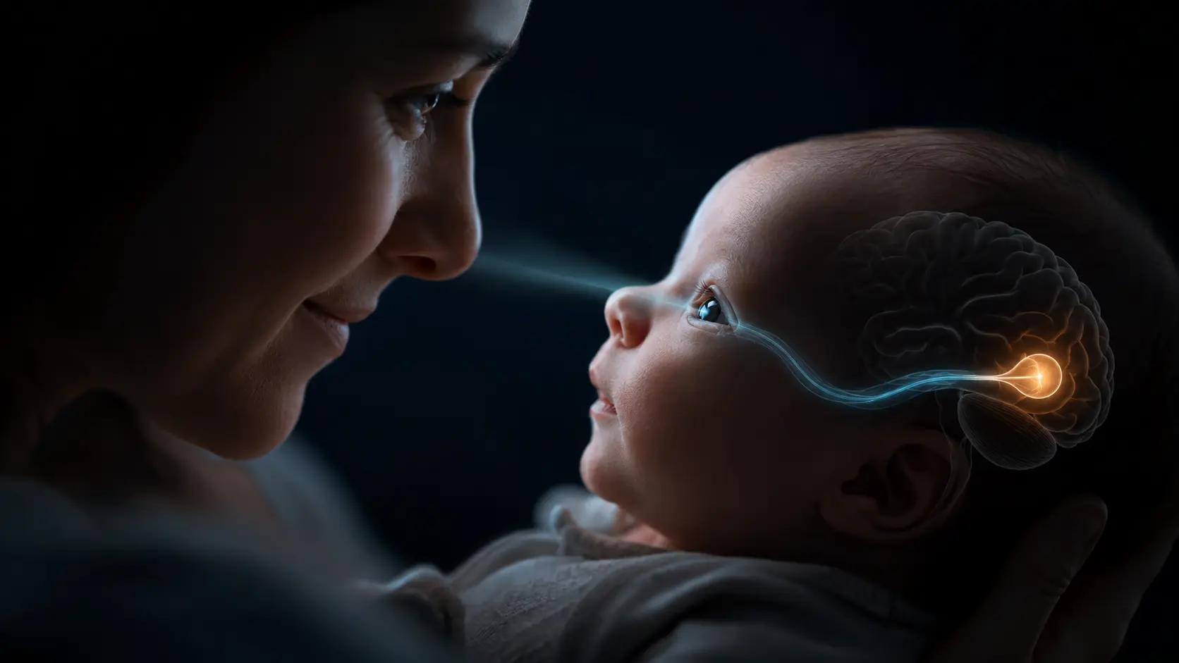 A newborn looking toward a nearby high-contrast face as cyan visual pathways develop toward the brain