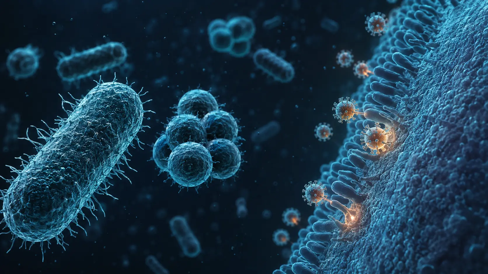 Detailed bacterial cells beside much smaller virus particles attaching to a host-cell membrane in a dark microscopic environment