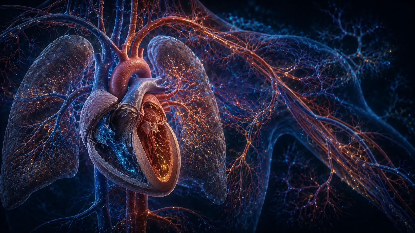 Detailed cutaway heart between the lungs with branching cyan and amber blood vessels extending through the body