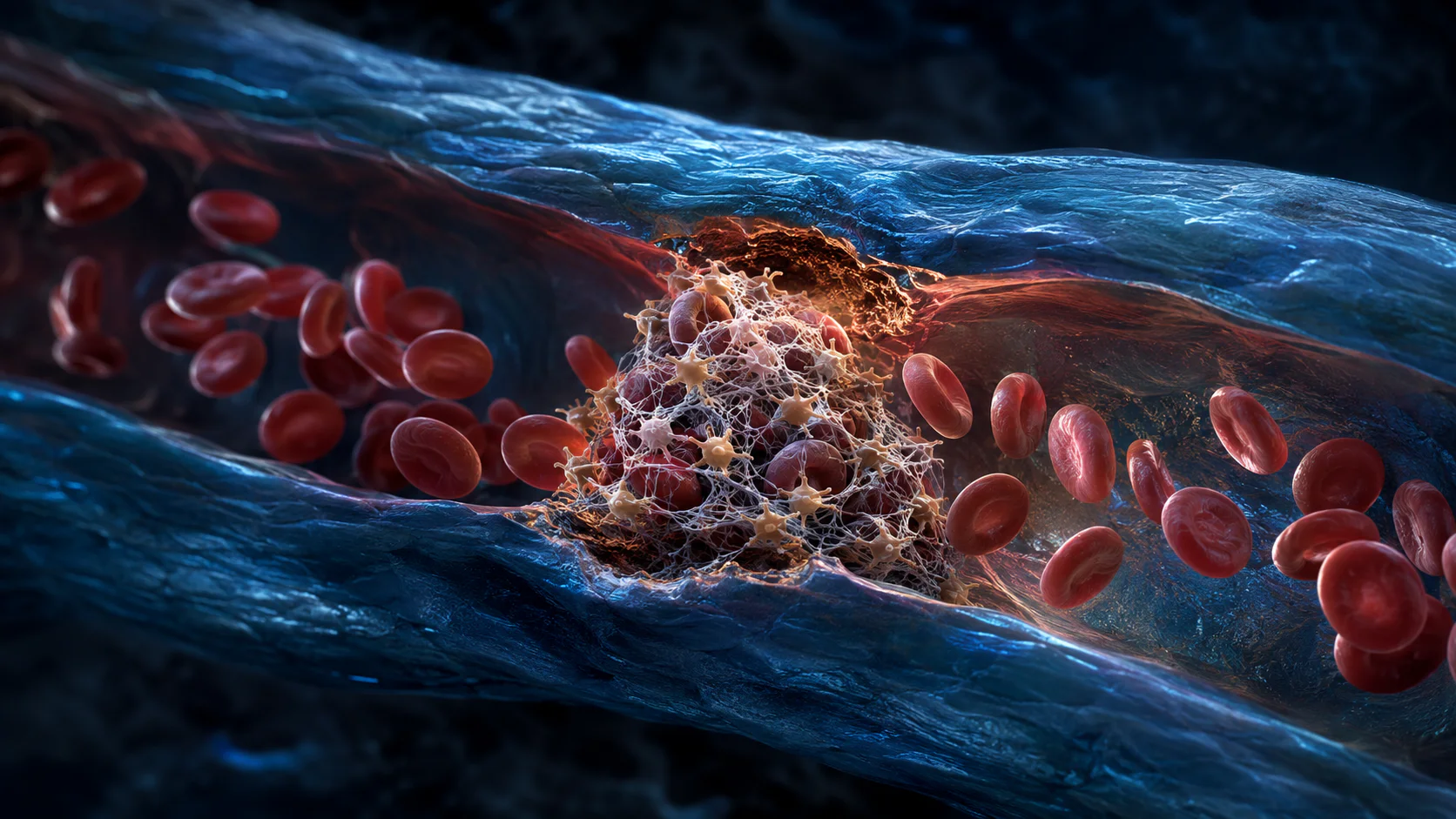 Damaged blood vessel with platelets gathering at the wall and a pale fibrin mesh stabilizing the local clot