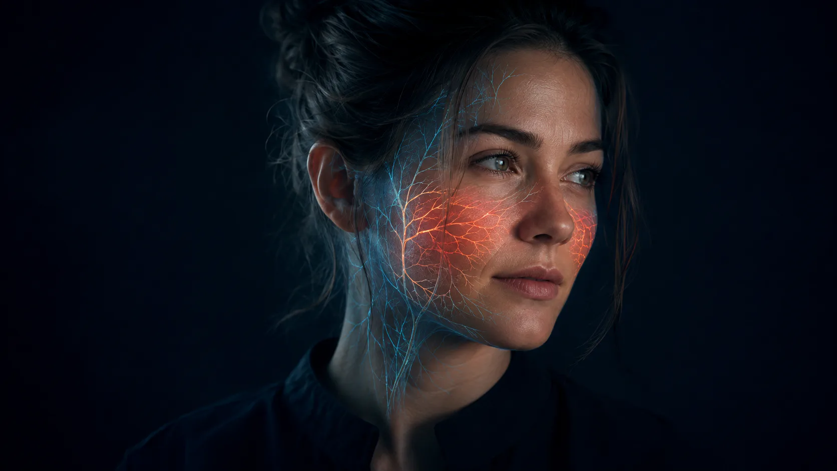 A human face in profile with restrained amber warmth spreading across the cheeks over a cyan vascular pattern