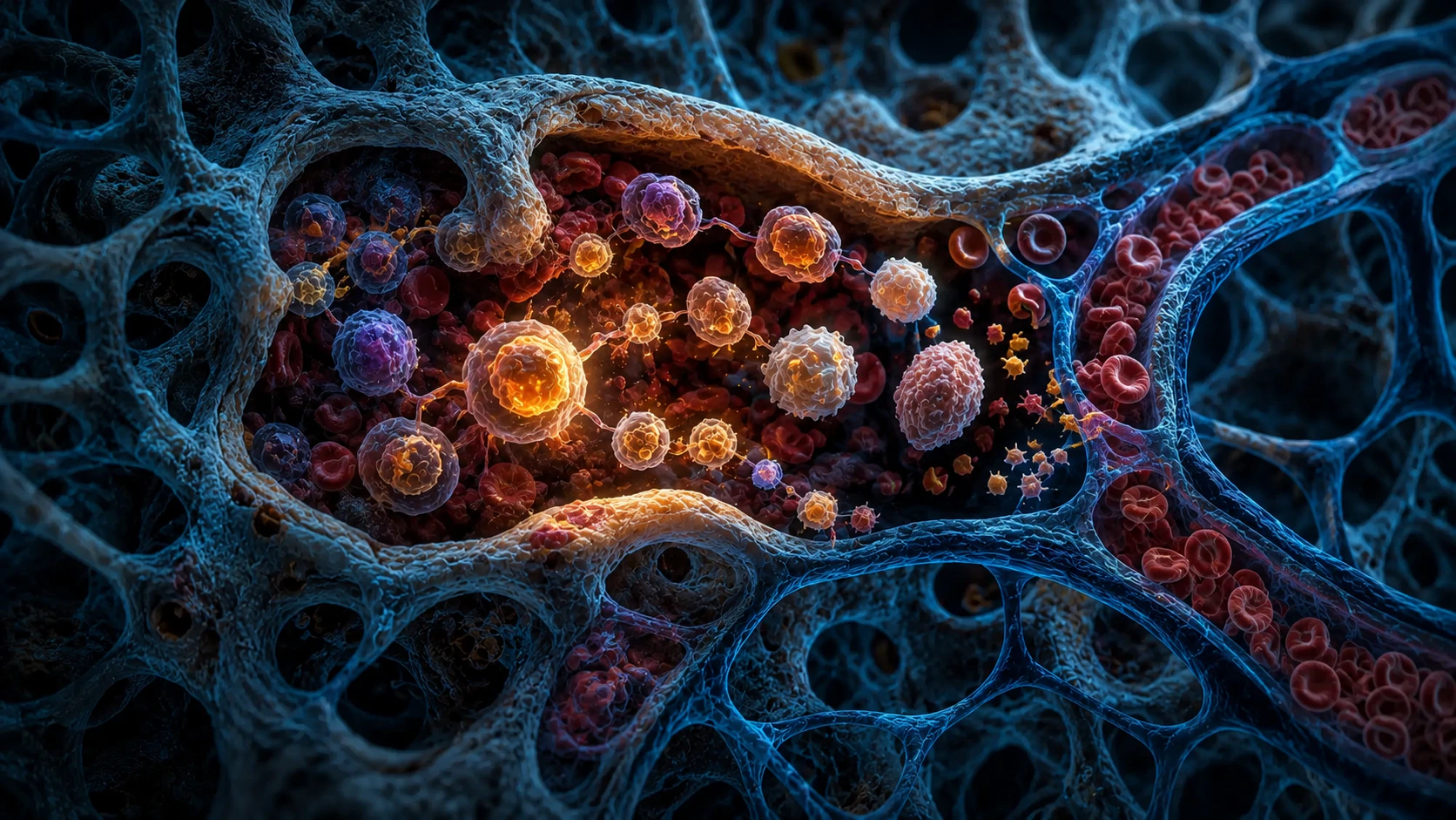 Detailed cutaway of red bone marrow in trabecular bone producing red cells, white cells and platelets beside venous sinusoids