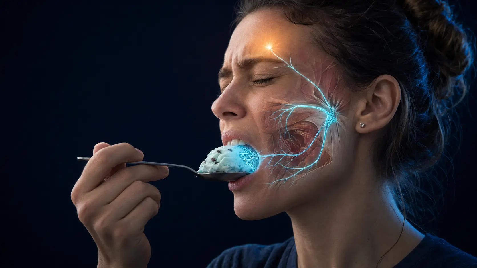 A side profile of a head with an icy palate and cyan pain pathways radiating toward the forehead