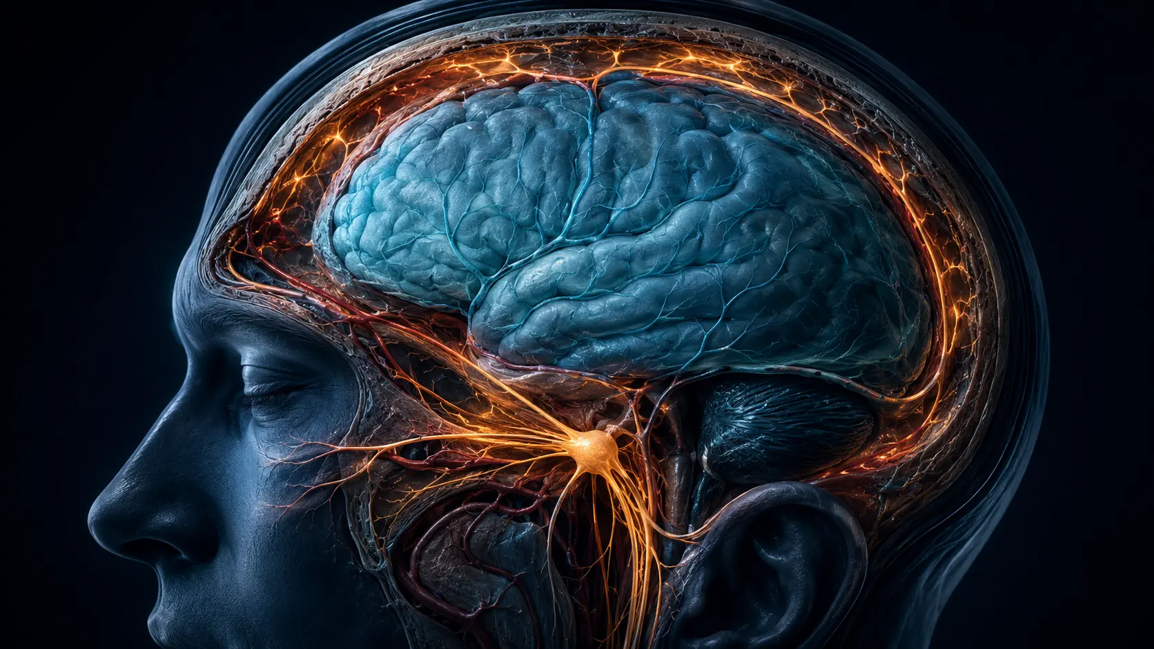 Side head cutaway with cyan brain tissue and amber pain pathways in the meninges, vessels and trigeminal nerve