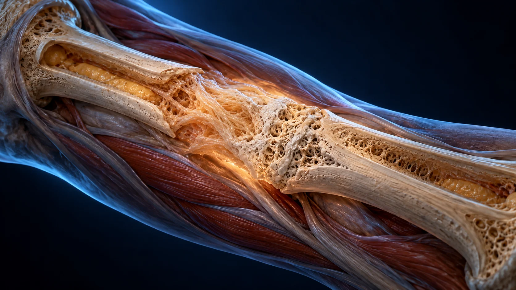 Non-graphic cinematic cutaway of a fractured long bone bridged by amber soft callus and pale new mineralized bone