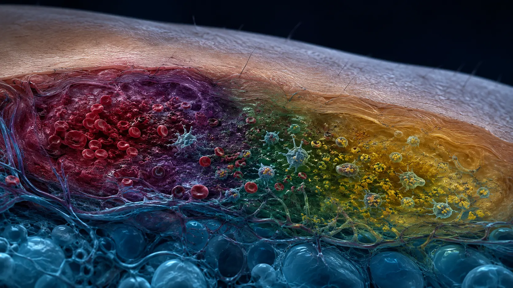 Macro skin cutaway showing a bruise gradient from red-purple blood through green biliverdin to yellow bilirubin with cleanup cells