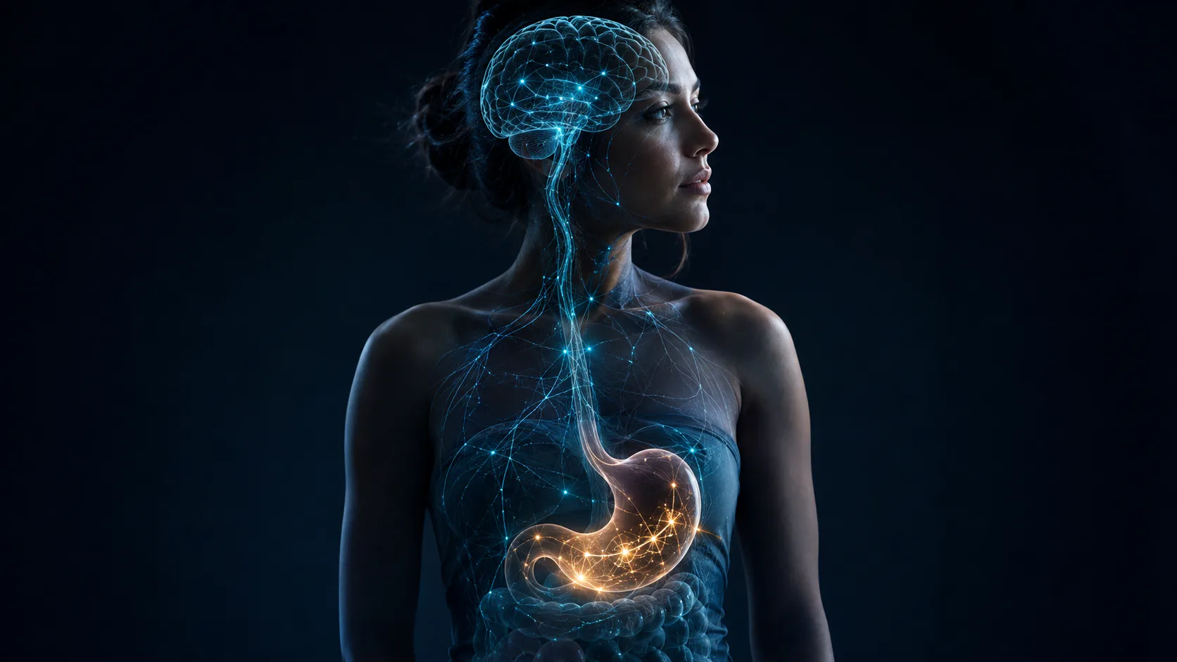 A human torso with a cyan gut-brain nerve pathway and delicate amber motion around the stomach