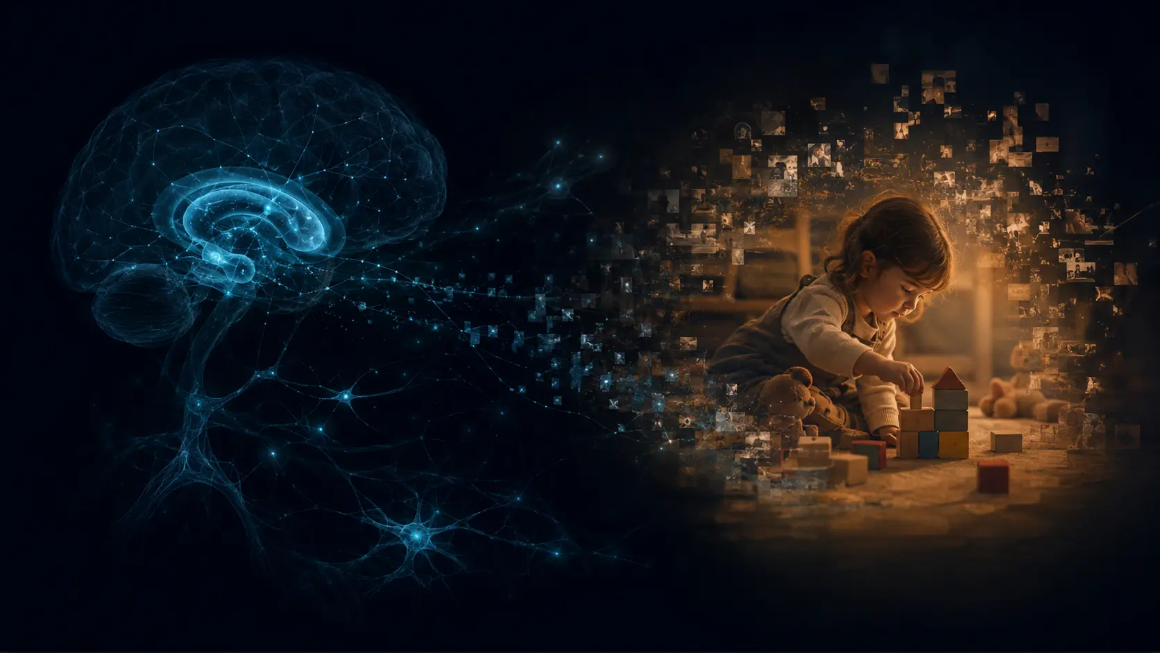 An early childhood scene dissolving into cyan memory fragments before an older brain can retrieve it