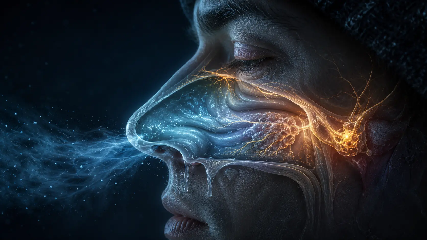 Side-profile nasal cutaway showing cold cyan air entering moist nasal passages and an amber nerve reflex activating watery secretion