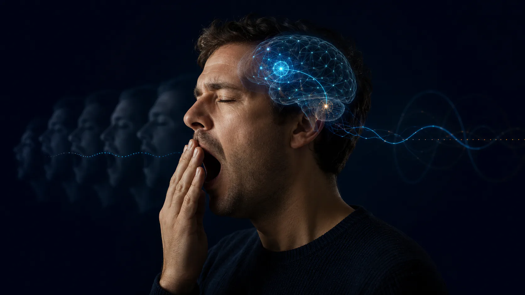 Two people in profile with a subtle cyan motor-response echo between an observed yawn and a responding face