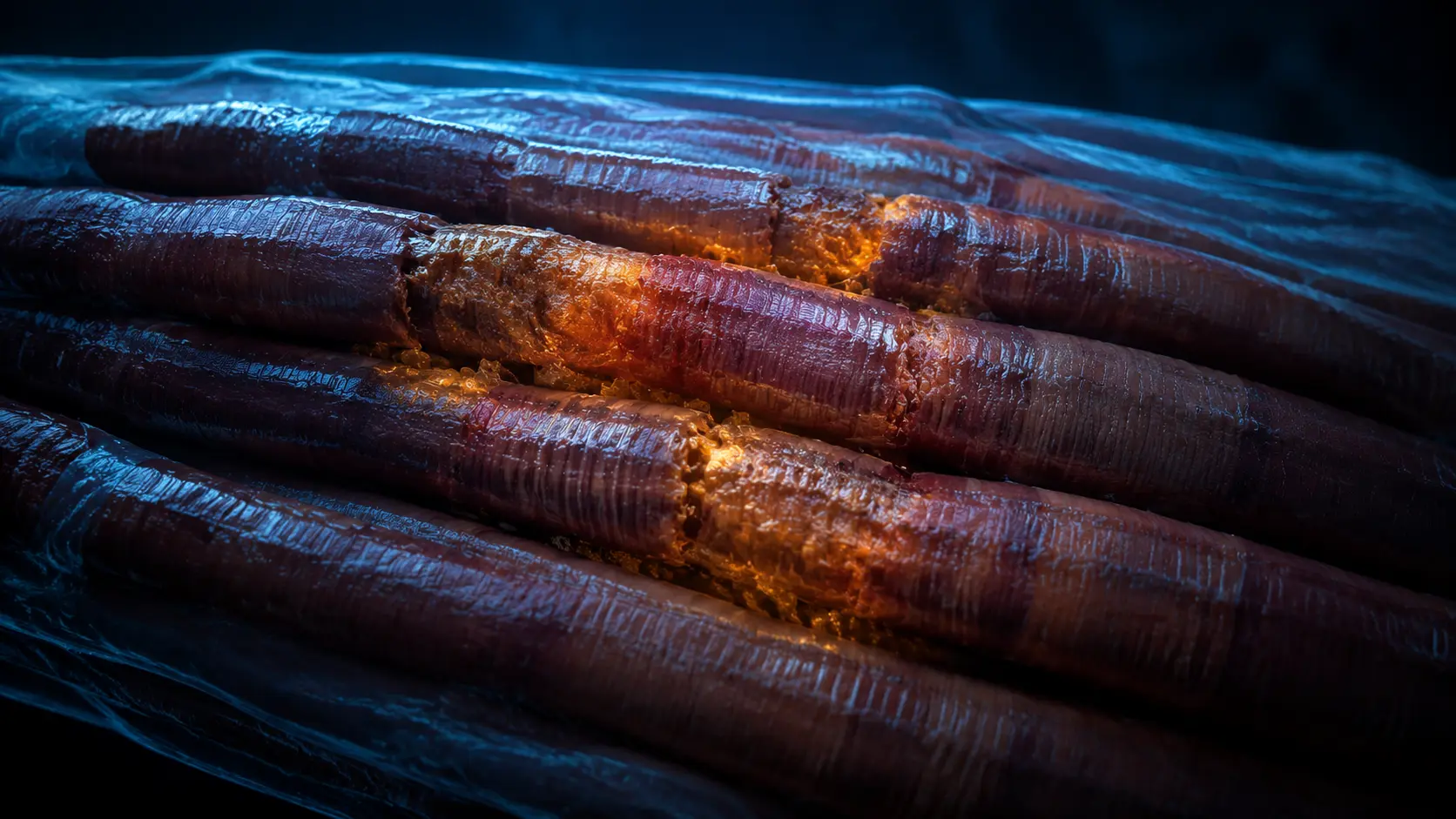 Parallel skeletal muscle fibers with subtle amber repair activity around a few stressed regions in a dark tissue environment