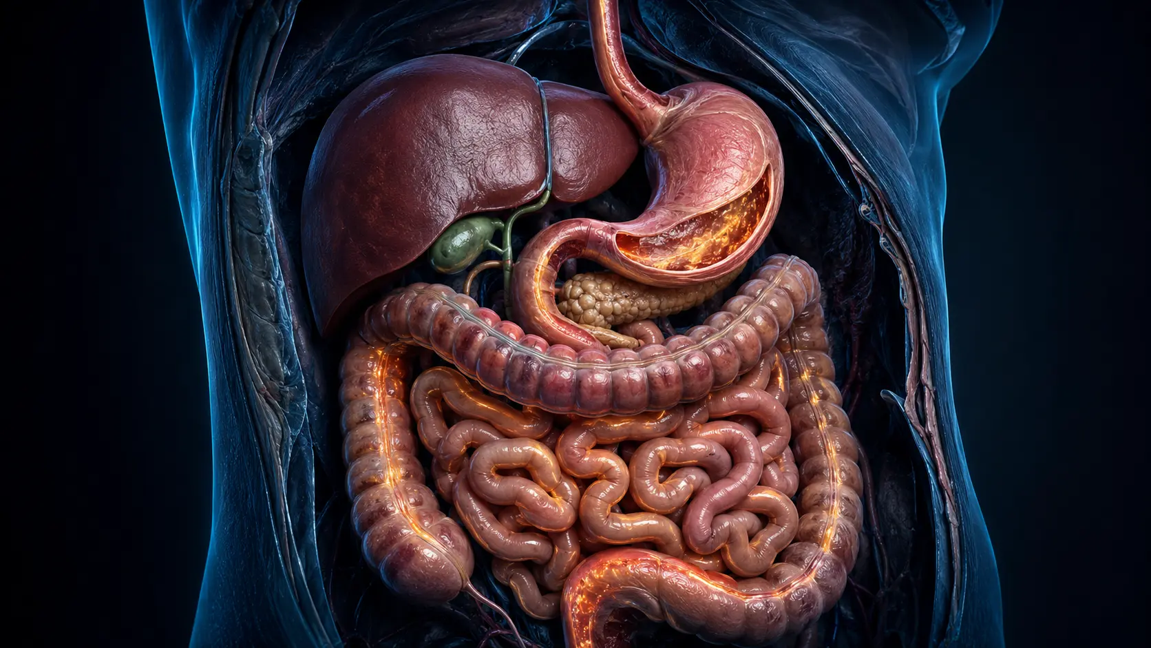 Anatomically detailed human digestive tract with cyan organs and restrained amber nutrient activity along the stomach and intestines