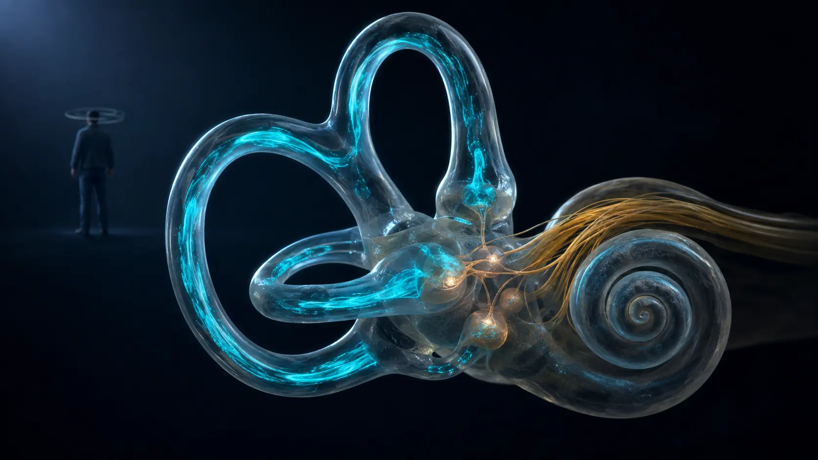 Human head with glowing semicircular canals and curved motion trails illustrating rotation
