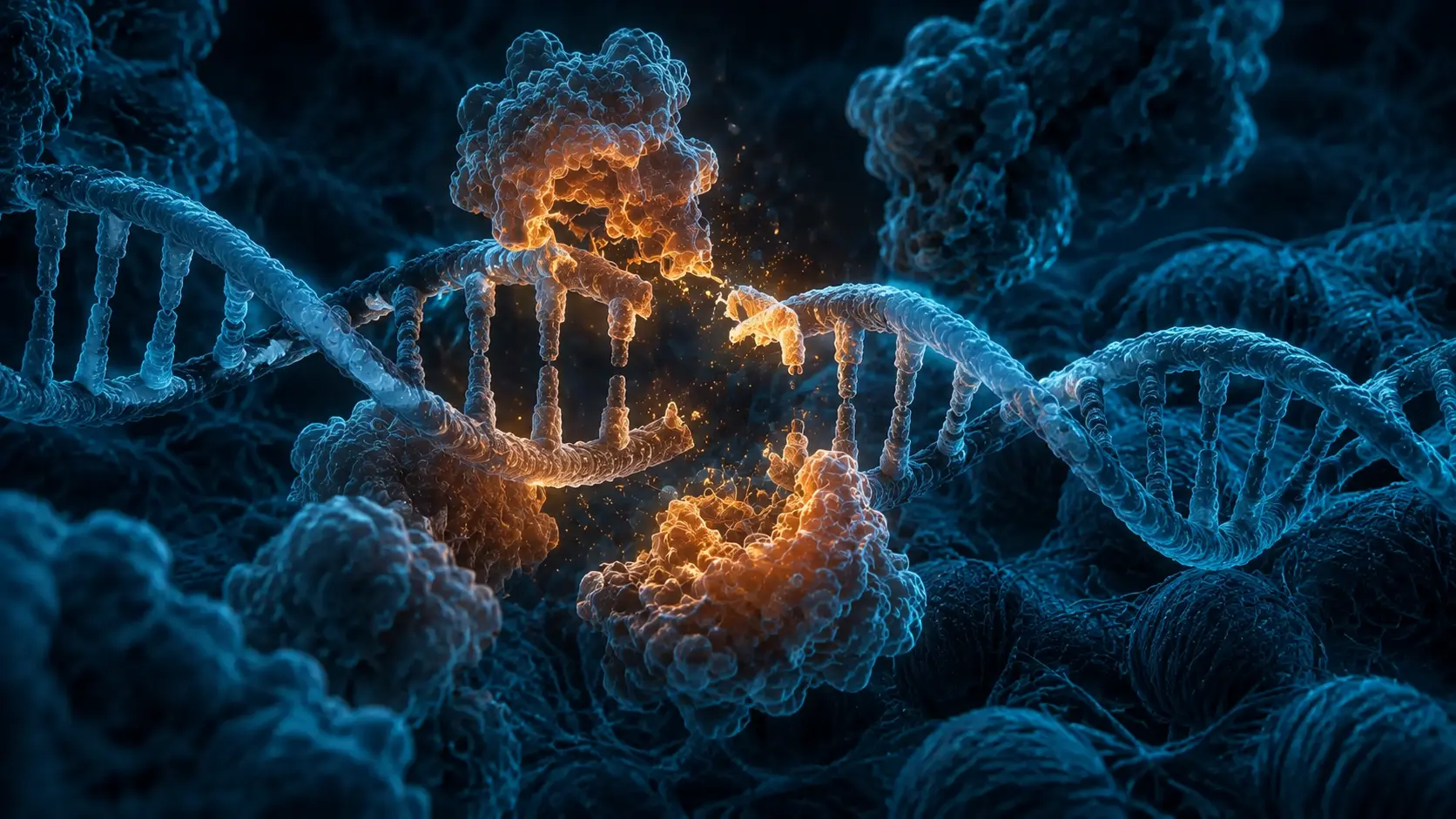 Macro molecular view of cyan DNA with an amber broken-strand site held by detailed repair protein complexes