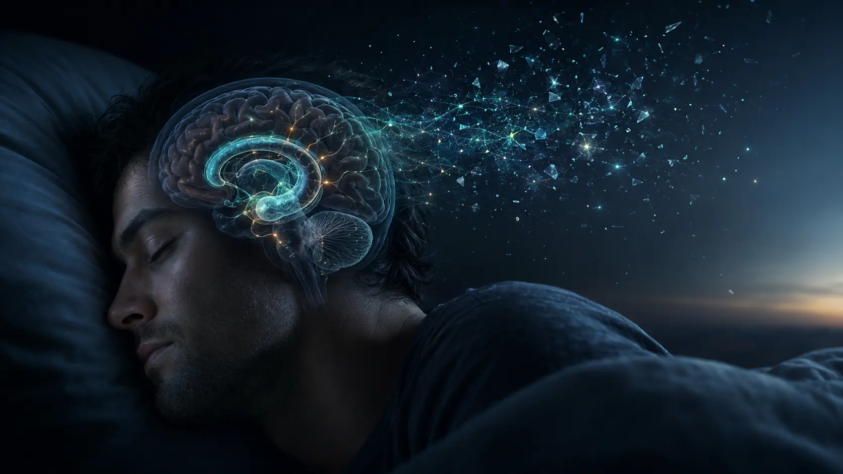 Sleeping person beside a fading cyan network representing a dream memory dissolving after waking