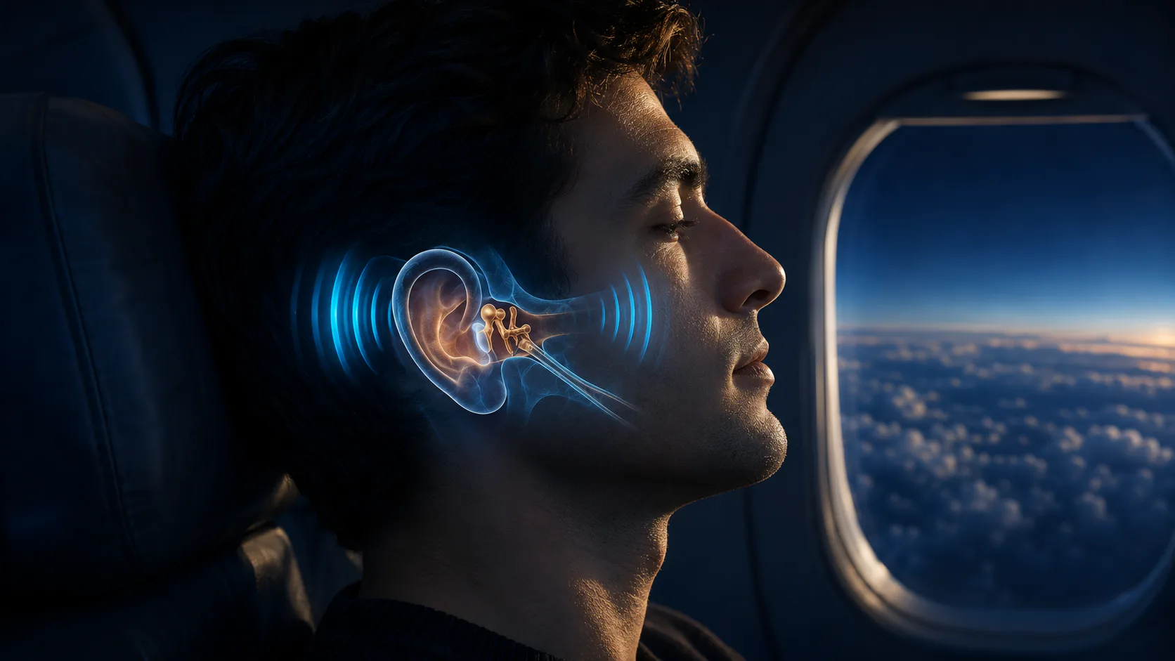 A passenger in a dark airplane cabin with a cyan pressure diagram around the ear and eardrum