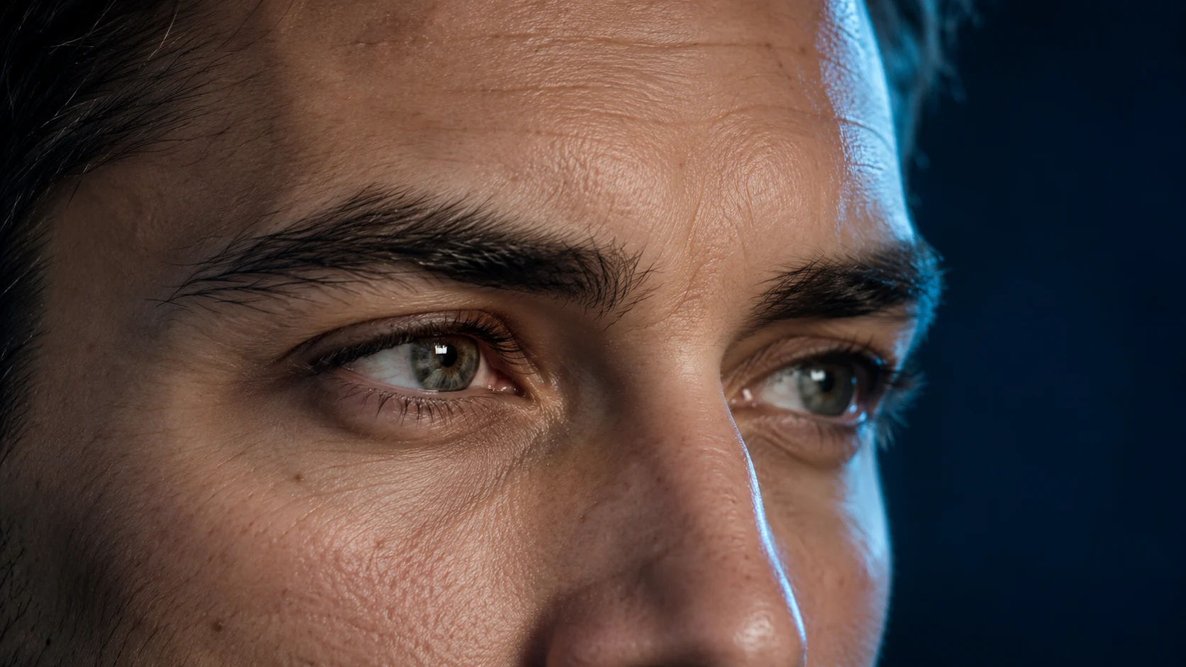 Close-up of natural eyebrow hairs above an adult's open eye, with cinematic side lighting against a dark background