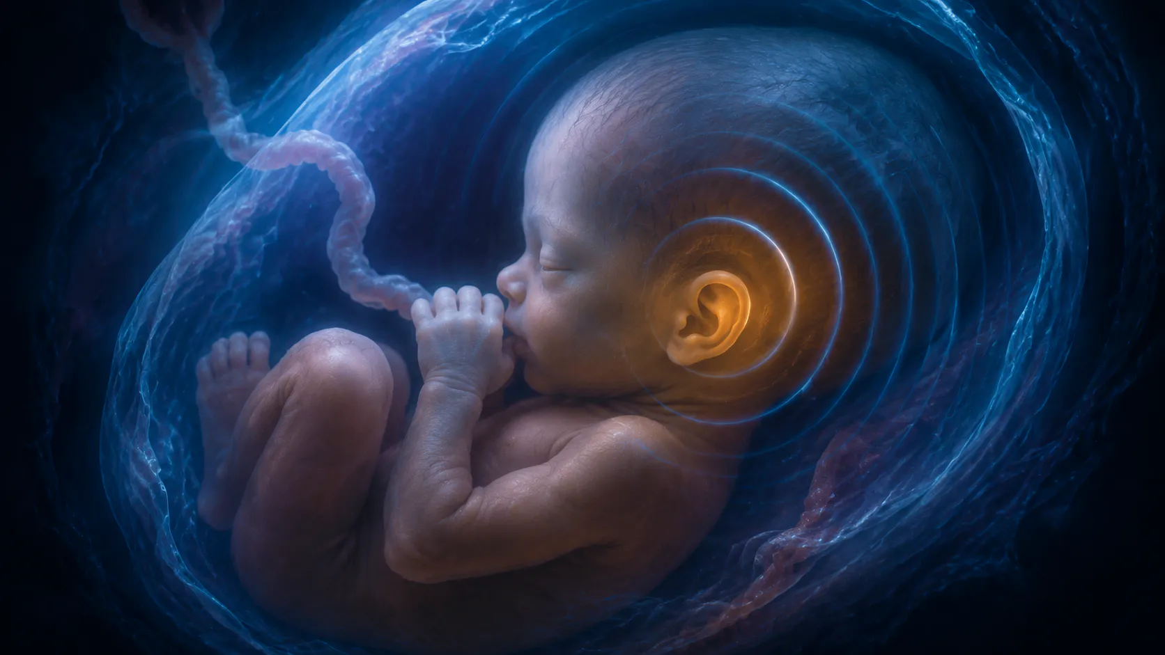 Fetus in the uterus as soft sound vibrations travel through maternal tissue toward the developing inner ear