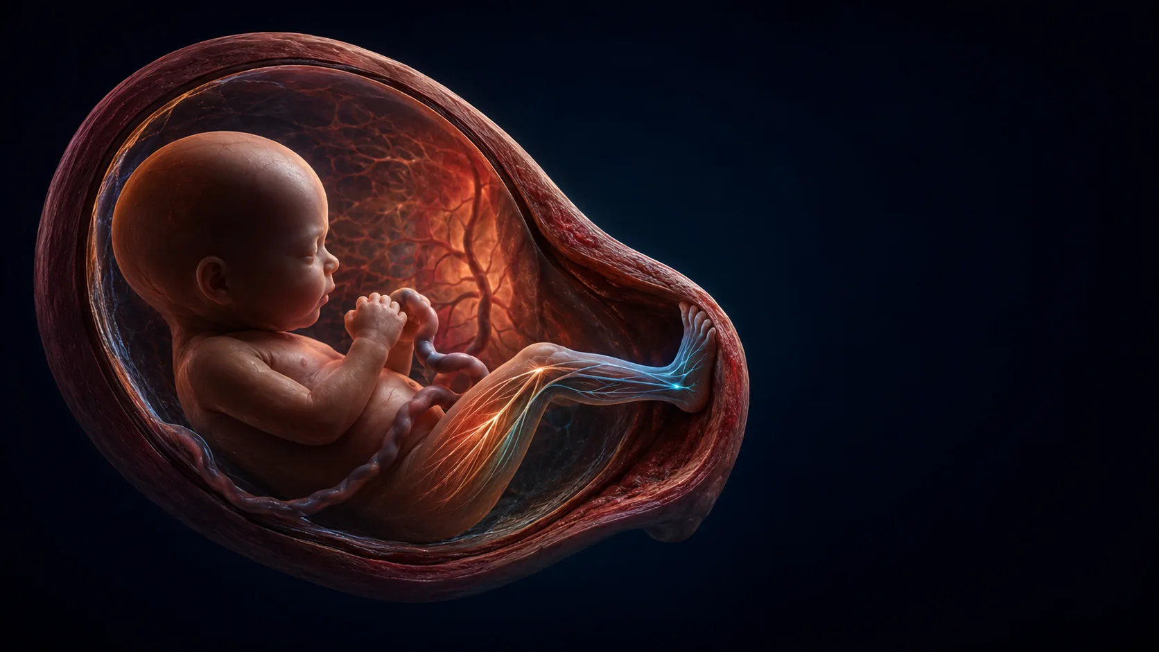 Fetus extending one leg against the uterine wall with subtle highlights tracing nerves, muscles and joints