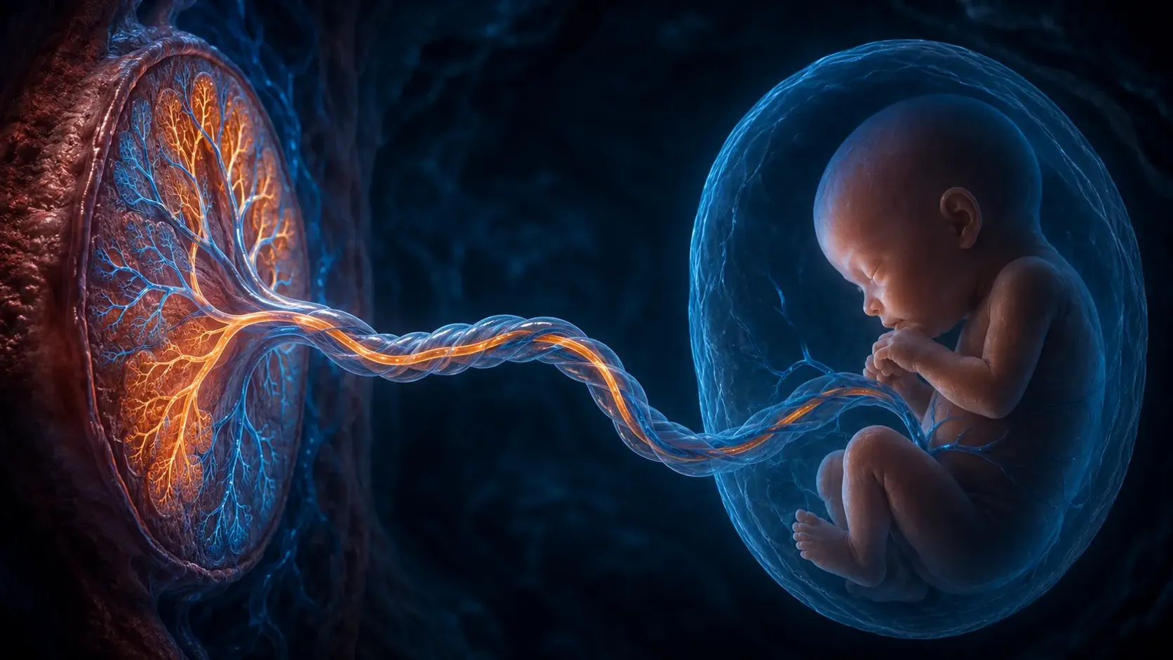 Placenta exchanging oxygen beside a fetus as the umbilical vein carries oxygen-rich blood toward the heart