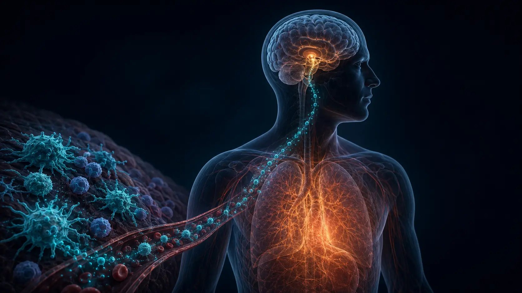 A human silhouette with an amber hypothalamic thermostat and cyan immune signals rising toward it