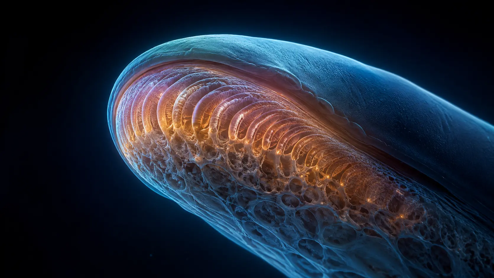 Close-up fetal fingertip with developing cyan friction ridges over layered skin and subtle amber growth activity