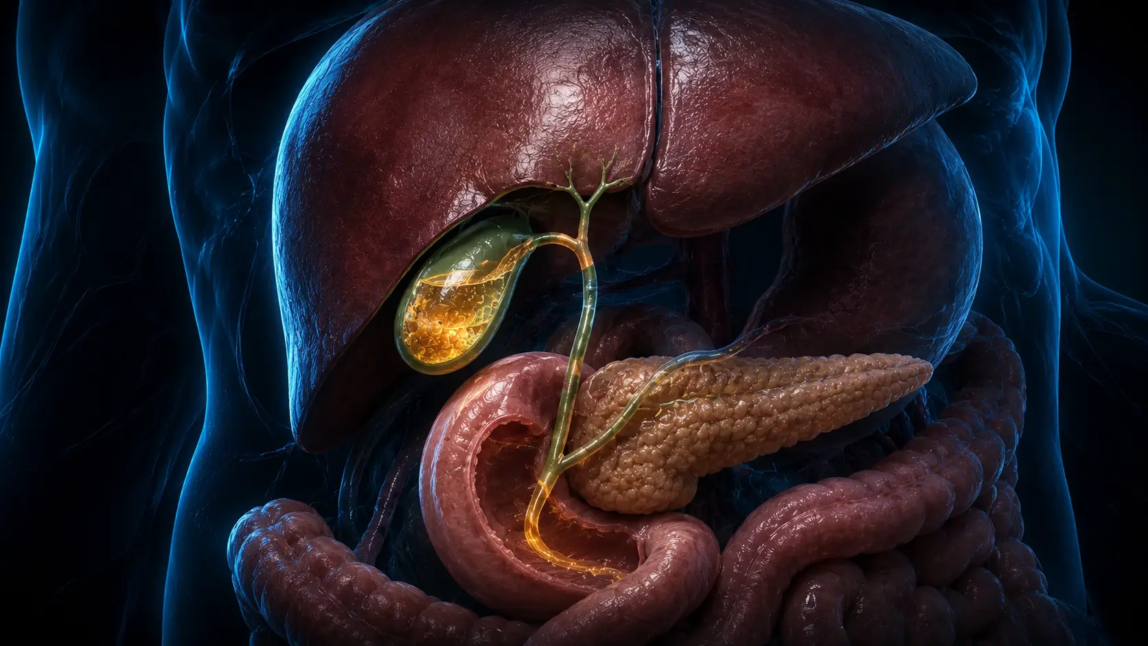 High-detail upper-abdominal cutaway showing the gallbladder beneath the liver, branching bile ducts and bile entering the duodenum