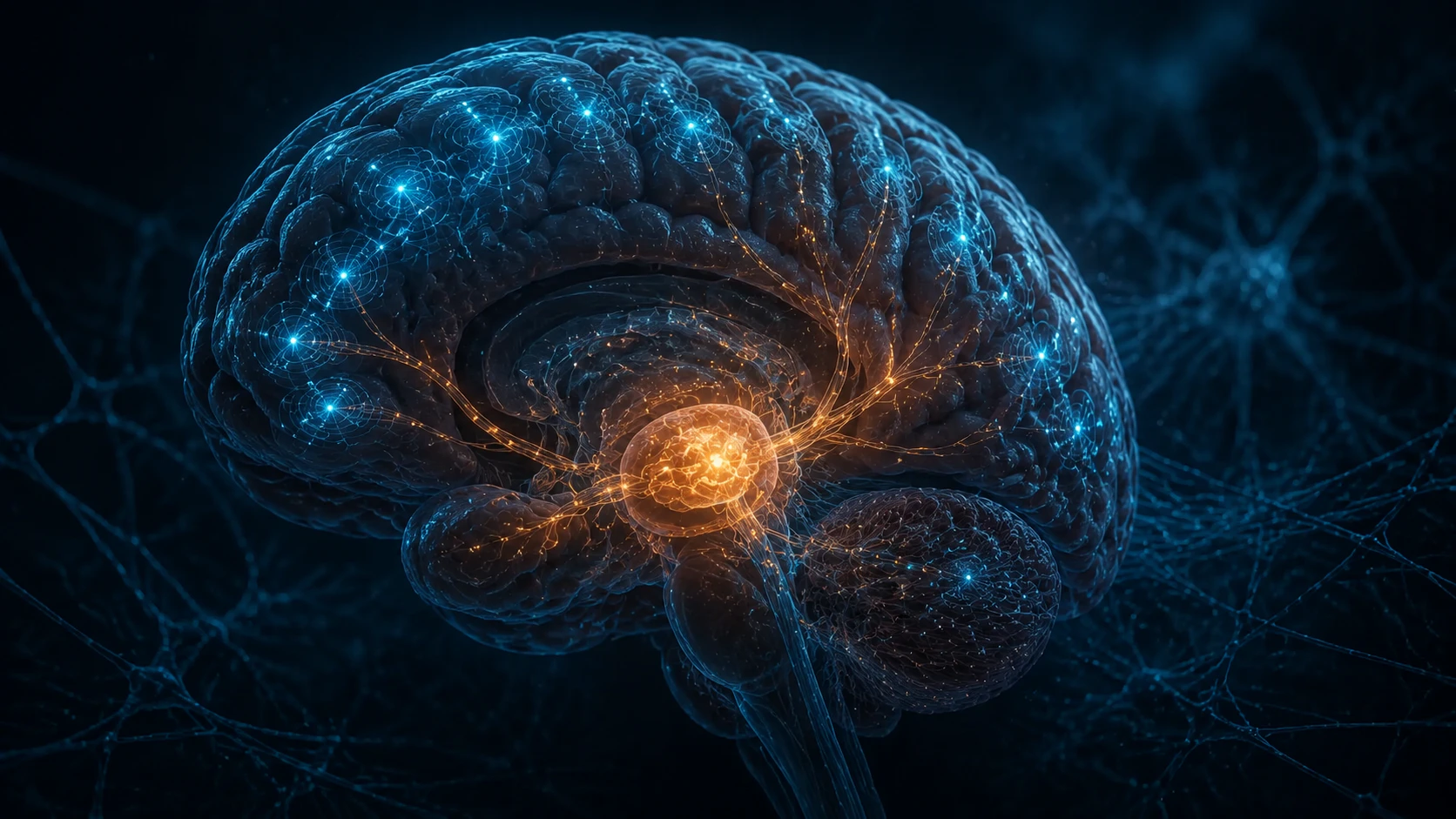Cinematic brain cutaway with detailed cortex and thalamus showing reduced long-range cyan connectivity under general anesthesia