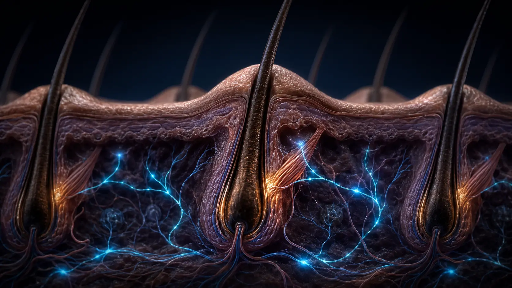 Cross-section showing a sympathetic nerve and arrector pili muscle raising a hair to create a goosebump