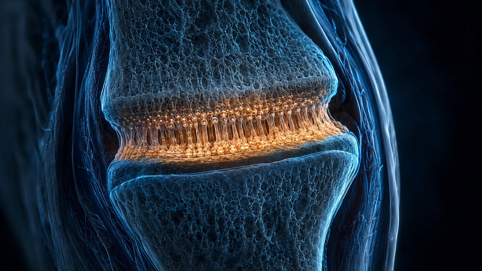 High-detail cutaway of a child's knee showing an amber cellular growth plate between cyan long-bone ends
