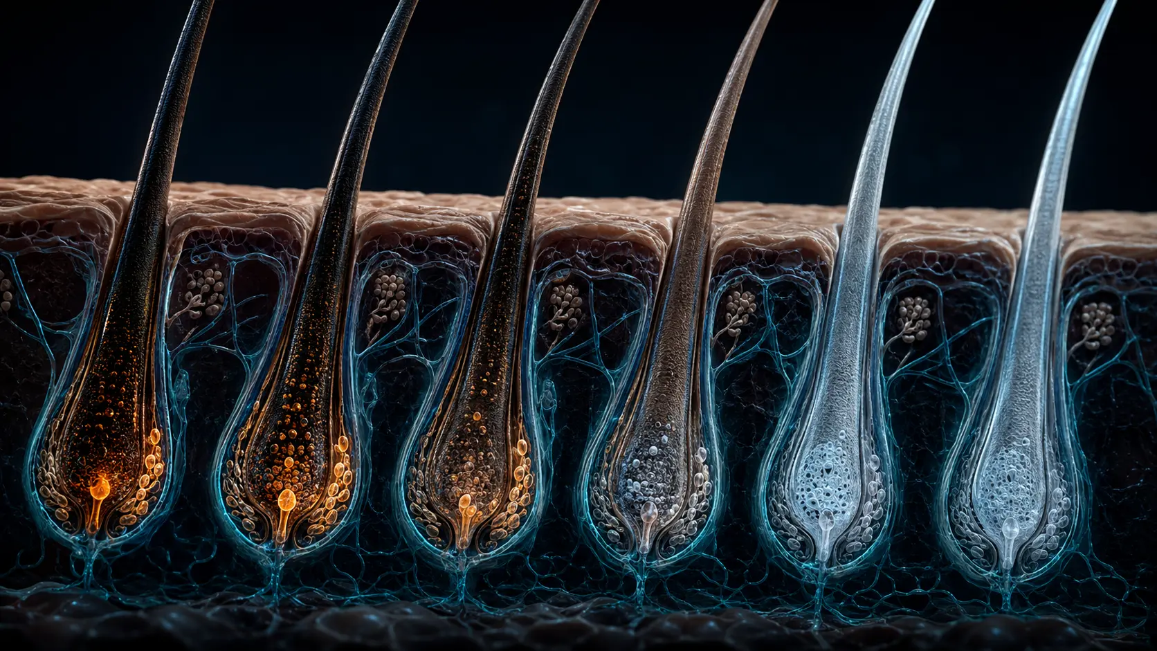 A row of hair follicles changing from pigment-rich amber strands to pale silver strands