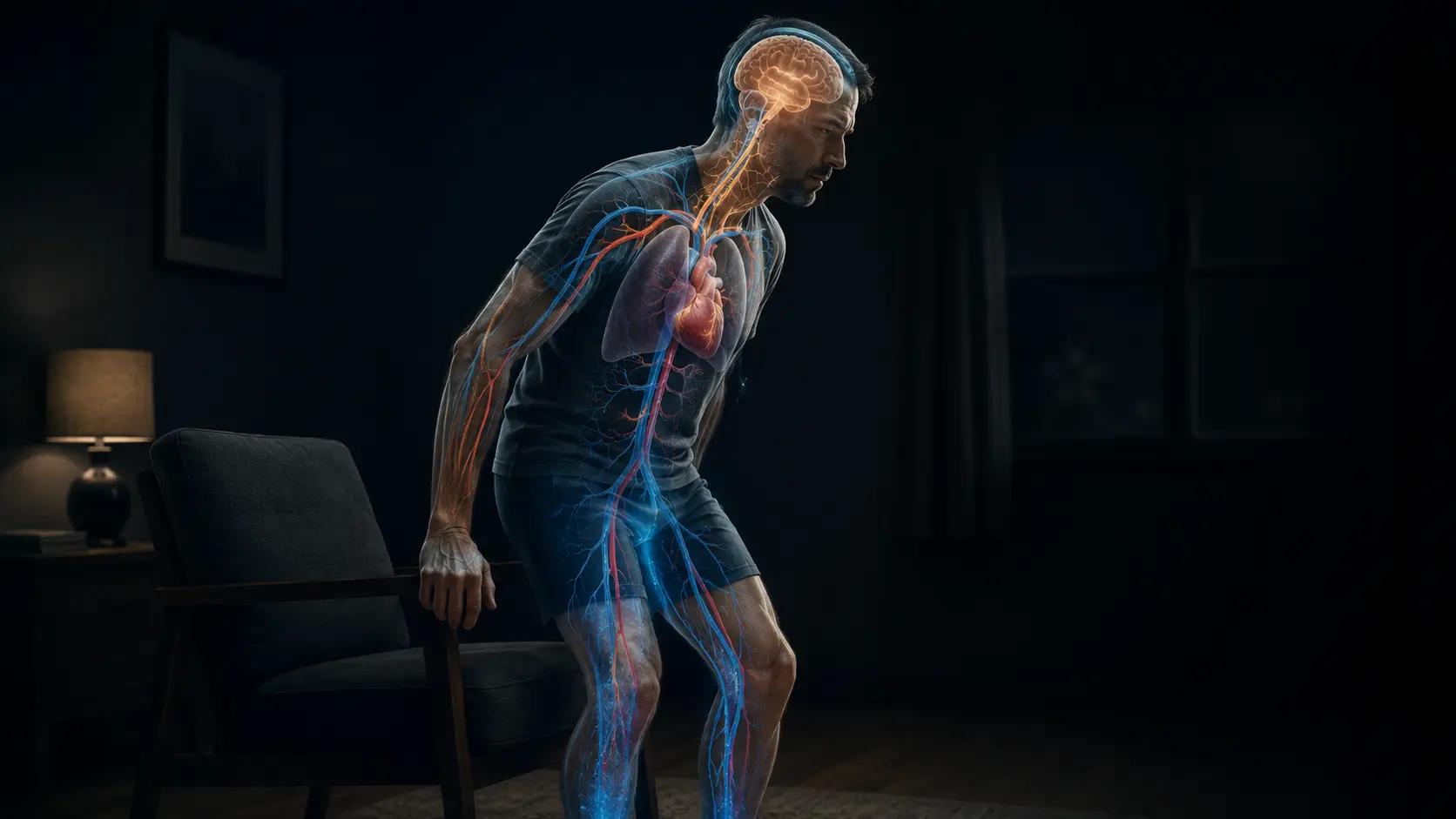 Adult rising from a chair with visible heart, brain and vessels, showing cyan blood pooling in the legs and amber autonomic signals