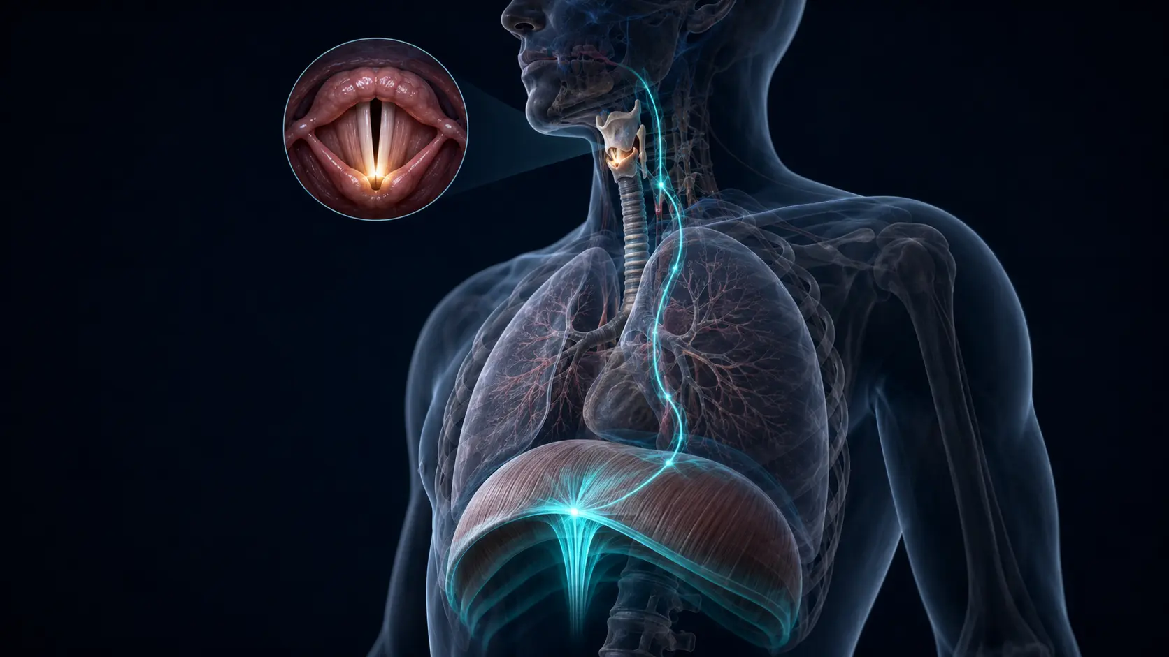 A dark torso with a cyan diaphragm contracting upward and an amber glottis closing in the throat