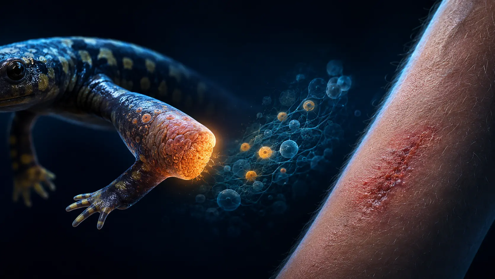 A cyan salamander limb forming a regeneration bud beside a human arm wound closing with amber scar tissue