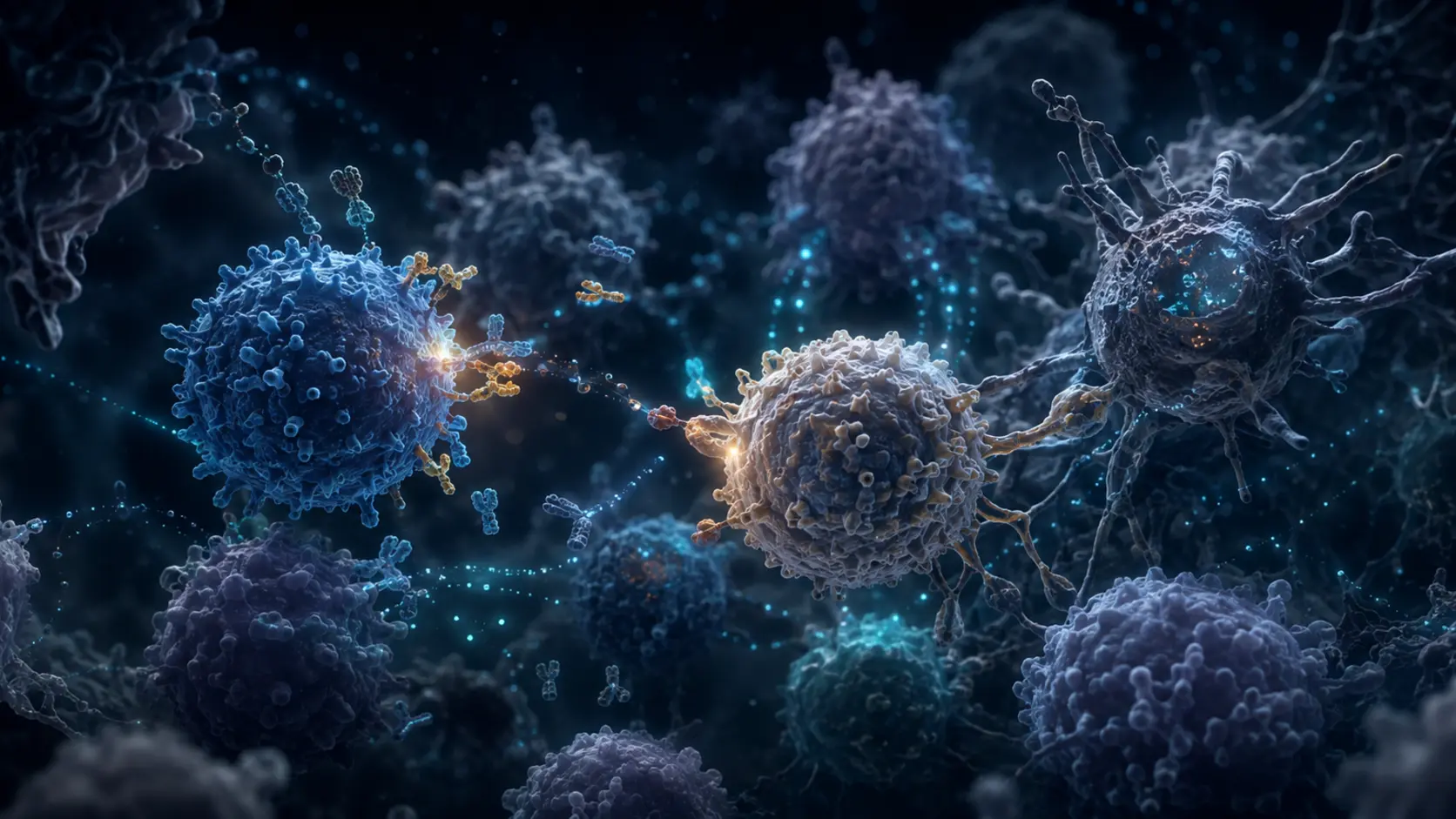 Memory B and T cells glowing cyan among darker immune cells as a familiar viral pattern returns