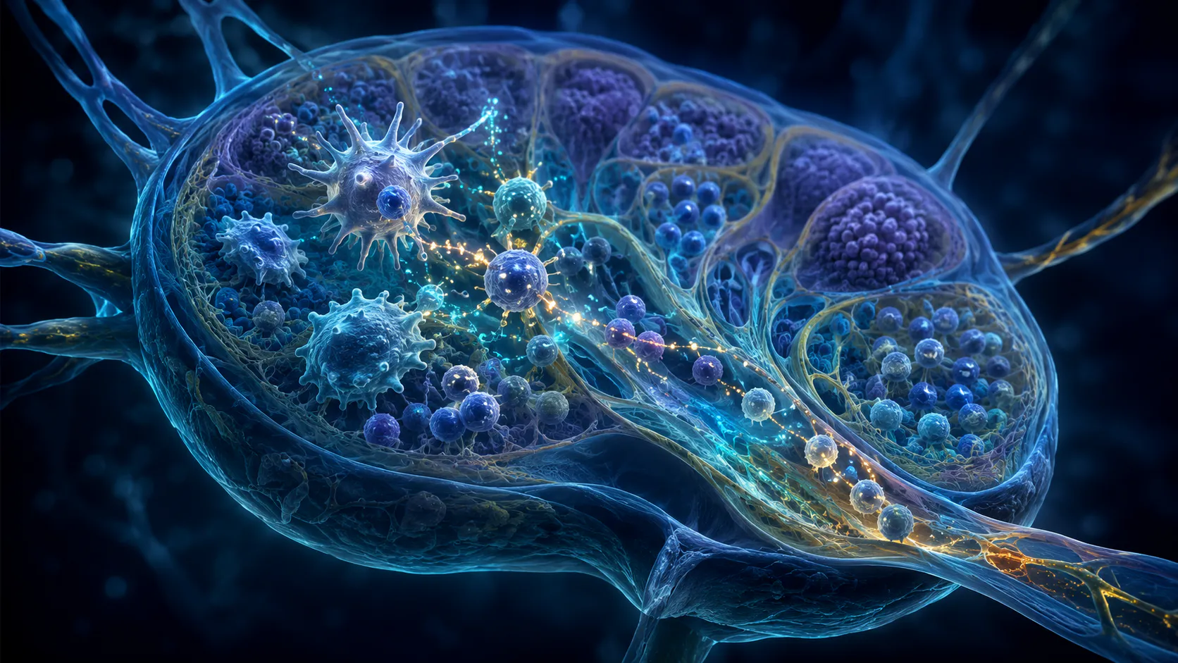 Lymph node coordinating innate immune cells, antibodies and adaptive lymphocytes in a dark microscopic tissue landscape
