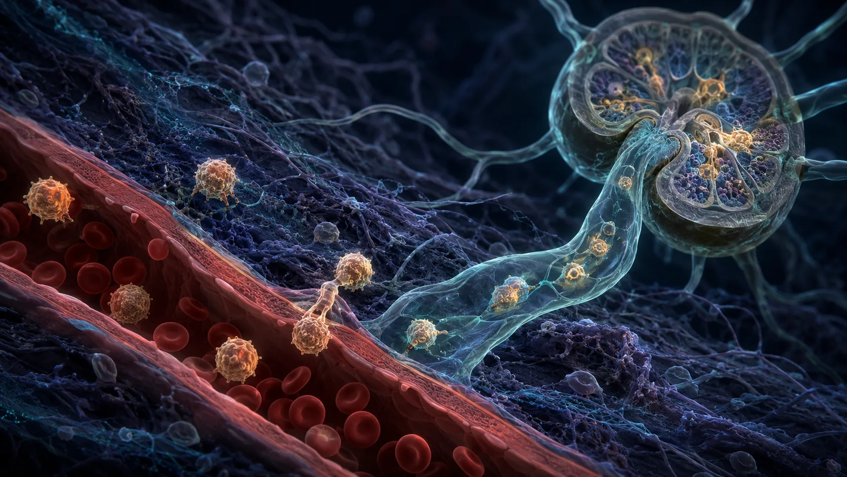 Blood and lymphatic vessels converging on a lymph node as immune cells move between circulation and tissue