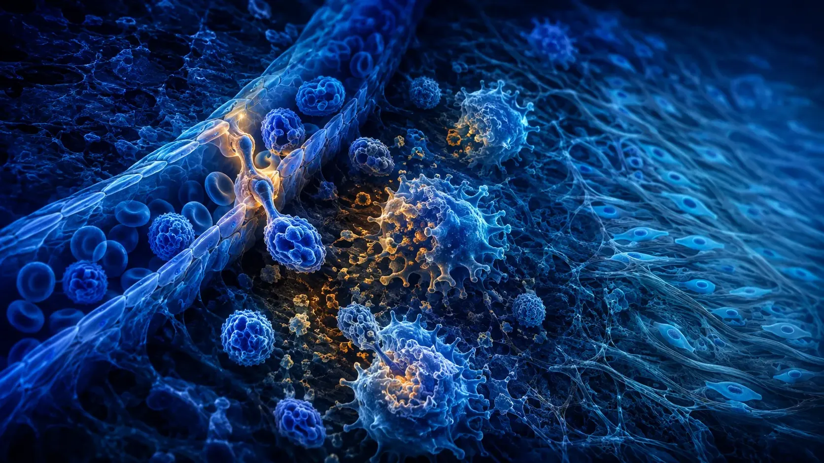 Microscopic injured tissue with widened capillary, arriving neutrophils and macrophage cleanup during inflammatory resolution