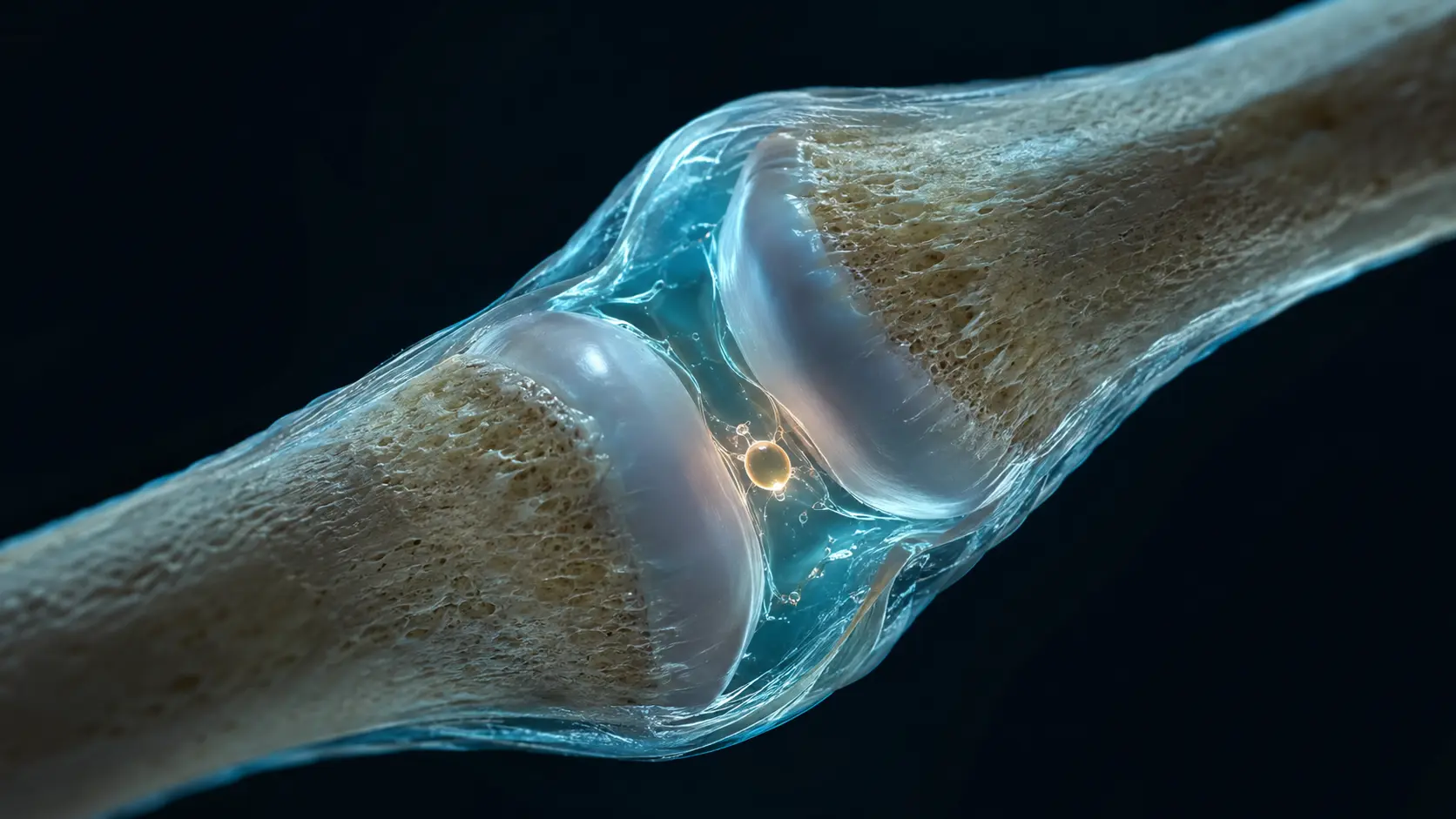 Cyan finger bones separating at a knuckle as an amber cavity forms in the joint fluid