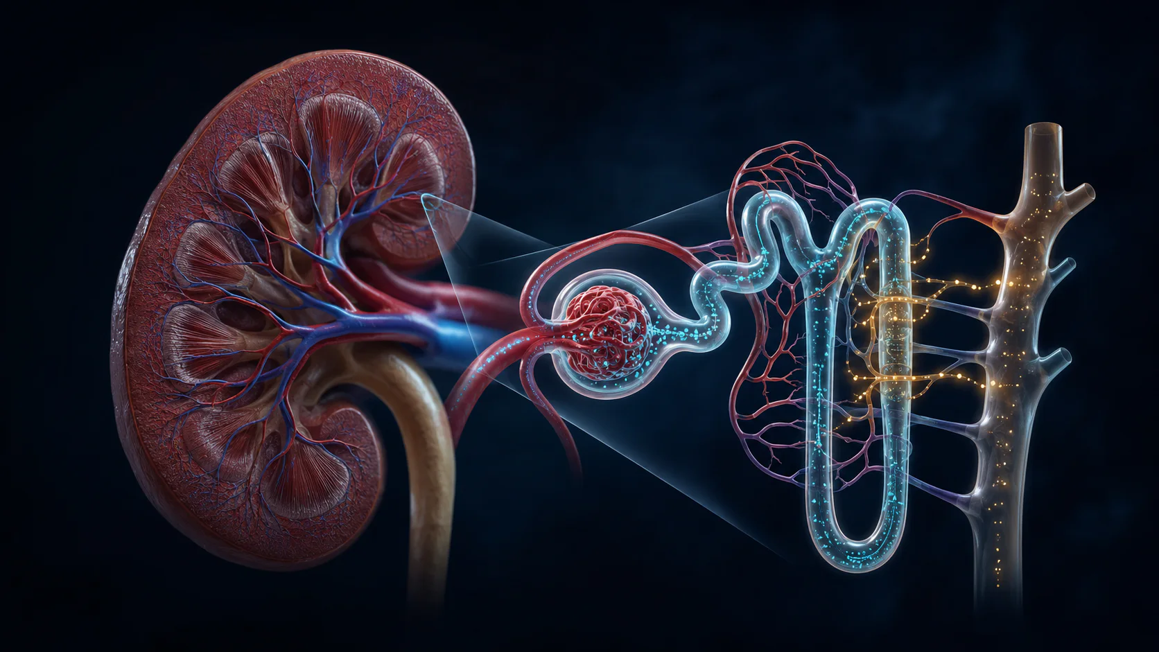 Human kidney cutaway beside a magnified nephron showing glomerular filtration, tubular reabsorption and urine flow