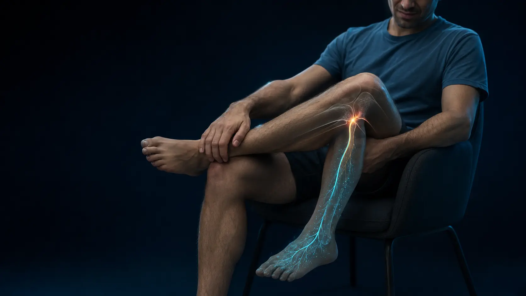 A seated leg outlined in cyan with compressed nerve fibers glowing near the knee