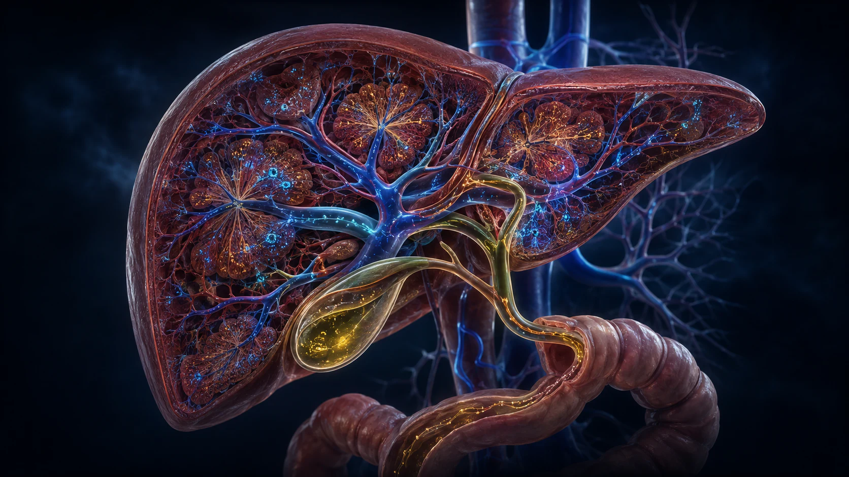 Anatomical liver cutaway with portal blood entering, metabolic pathways branching through lobules and bile flowing toward the intestine
